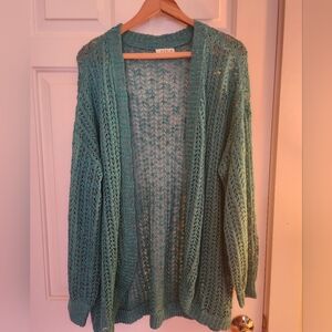 Kori Open Front Loose Knit Cardigan Teal Metallic Size M/L Party Boho Festive